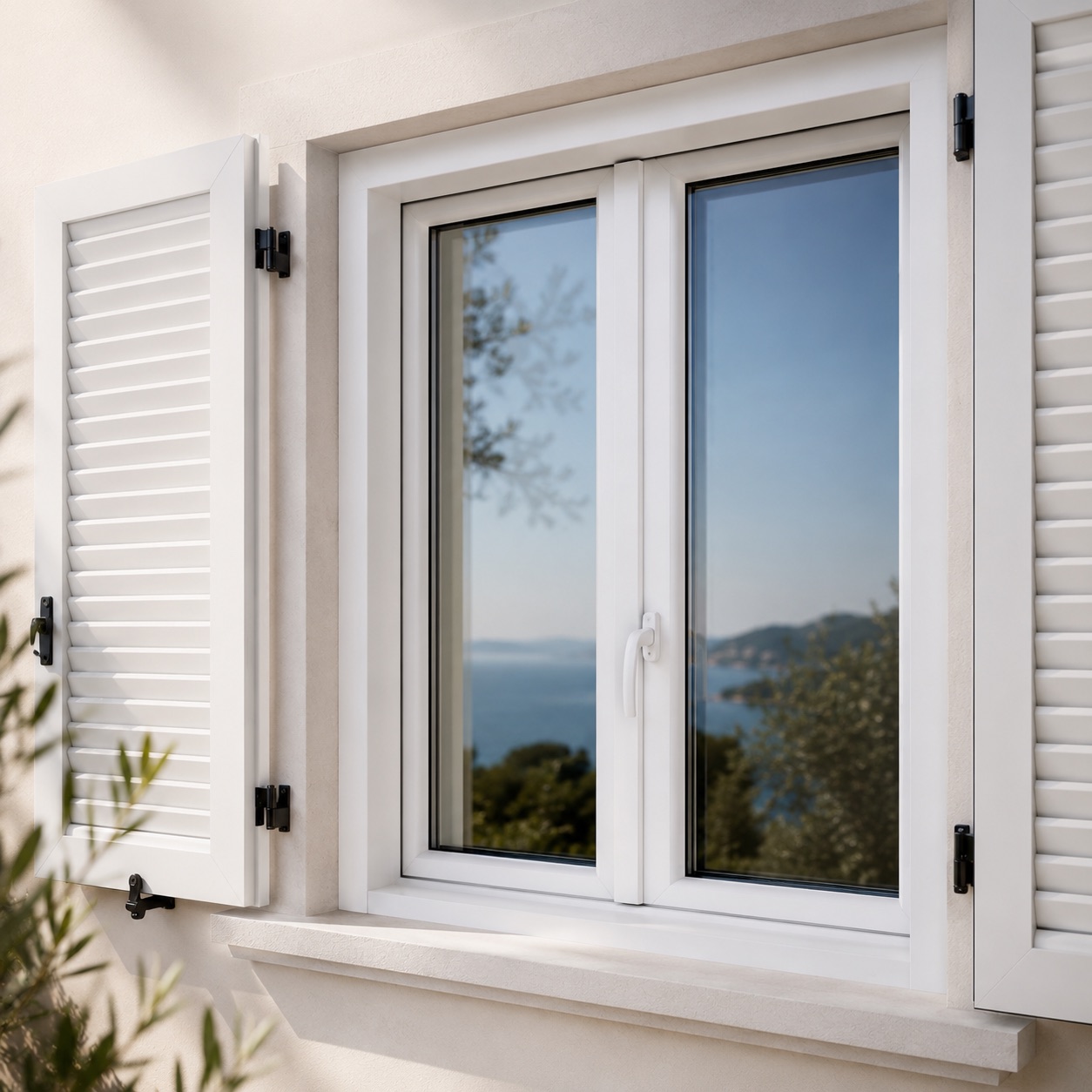 Infisso in PVC bianco con vista mare
