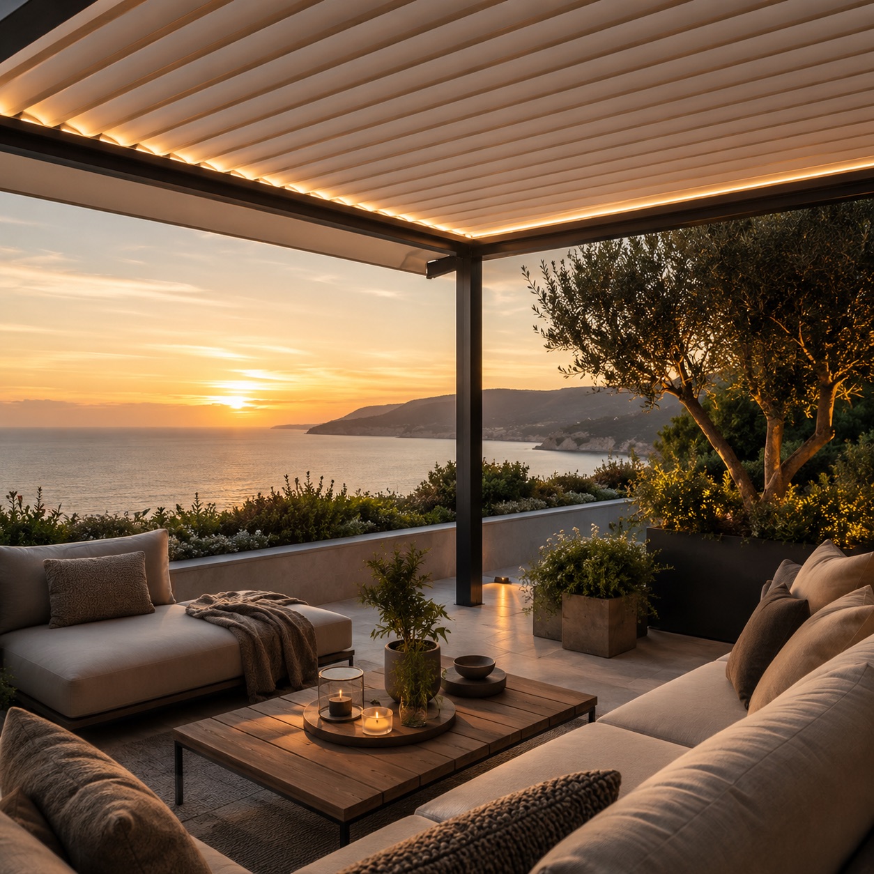 Pergotenda su terrazza vista mare al tramonto